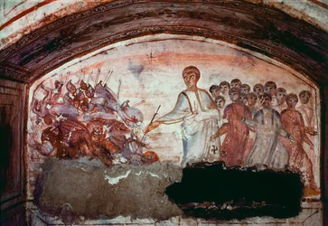 Frühchristliche Kunst (Zeit des antiken Roms): Durchquerung des Roten Meeres. Fresko aus der Katakombe an der Via Latina. 4. Jahrhundert
