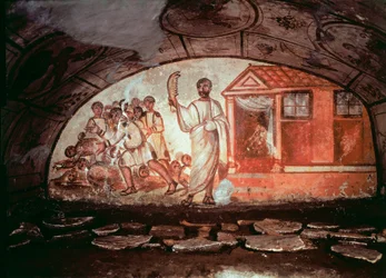 Frühchristliche Kunst (Epoche des antiken Rom): Samson erschlägt mit dem Kieferknochen eines Esels die 1000 Philister. Fresko in der Katakombe an der Via Latina in Rom. 4. Jahrhundert. Frühchristliche Kunst. Samson erschlägt die Philister mit dem