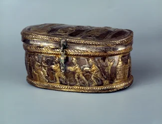 Paleochristliche Kunst: Silberne Reliquienkapsel bekannt als Capsella de Brivio: Anbetung der Heiligen Drei Könige. 5. Jahrhundert n. Chr. Paris, Louvre Museum