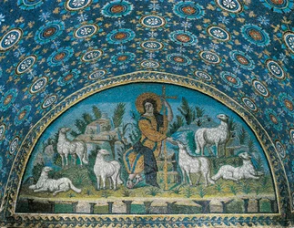 Der gute Hirte, Mosaik der Lünette über der Eingangstür des Mausoleums der Galla Placidia, um 425