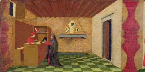 Predella der Schändung der Hostie: Die von einem jüdischen Pfandleiher gezwungene Christin, ihren Mantel zum Preis der geweihten Hostie auszulösen, um 1467-69 (Detail)