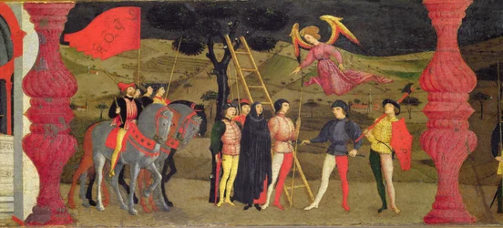 Predella der Profanation der Hostie: Die reuige Christin wird für das Verpfänden der geweihten Hostie gehängt, ca. 1468 (Tempera auf Tafel) (Detail)