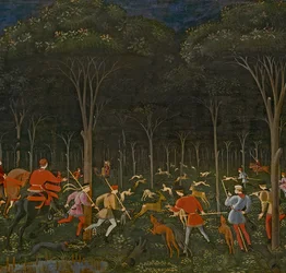 Die Jagd im Wald, um 1465-70 Öl auf Holz (Detail)