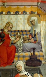 Altarbild der Geburt der Jungfrau von Paolo di Giovanni Fei (ca. 1345-ca. 1411), Tempera auf Holz, (Detail)