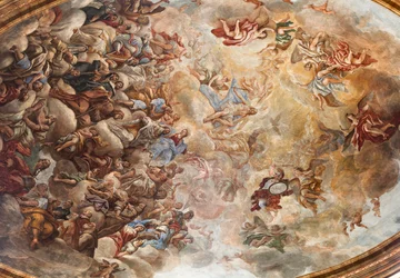 Fresken von Paolo de Matteis aus dem Jahr 1714 an der Decke und der Trommel, die das Leben des Heiligen darstellen, Kapelle von San Cataldo in der Kathedrale, Taranto, Italien