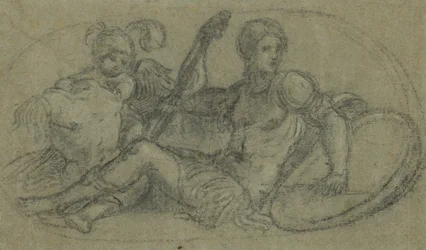 Sitzende männliche Figur mit Putto und Rüstung