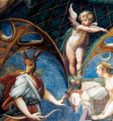 Diana verwandelt Aktäon in einen Hirsch, Detail aus dem Mythos von Diana und Aktäon, um 1524, von Francesco Mazzola, genannt Parmigianino (1503-1540), Saal der Diana und des Aktäon, Rocca Sanvitale, Fontanellato bei Parma, Emilia-Romagna, Italien