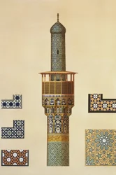 Ein Minarett und Keramikdetails aus der Moschee der Medrese-i-Shah-Hussein, Isfahan, Tafel 24-25 aus 