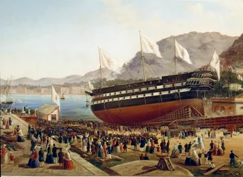 Stapellauf des Schiffes Monarca im Arsenal von Castellammare in Neapel im Jahr 1854, Detail. 19. Jahrhundert, Neapel, Museo Nazionale di San Martino