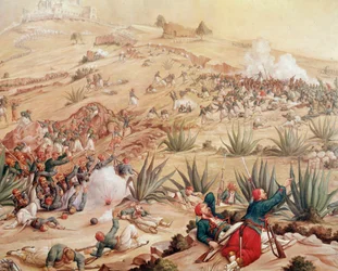 Mexiko-Expedition: „Die Schlacht von Puebla am 5/05/1862 um die Stadt Puebla de los Angeles, zwischen den mexikanischen Armeen unter der Führung von Ignacio Zaragoza und denen des Zweiten Französischen Kaiserreichs unter der Führung von Charles Ferdinand L