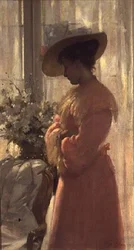 Dame in einem rosa Interieur