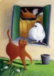 Katze und Huhn im Hof des Bauernhofs - Illustration von Patrizia La Porta