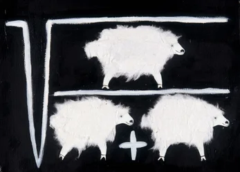 Klonen: Ein mathematisches Symbol für Rechenoperationen mit Quadratwurzel, Division und Addition, wobei ein Schaf als Versuchskaninchen dient. Collage aus weißer Baumwolle auf schwarzem Hintergrund.