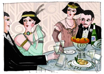 Illustration eines weltlichen Abendessens in „Gatsby der Prächtige“ von dem amerikanischen Schriftsteller Francis Scott Fitzgerald (1896-1940) (Der große Gatsby) Zeichnung von Patrizia Laporta