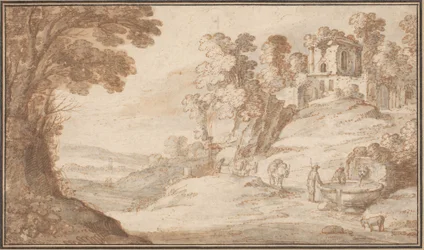 Klassische Landschaft mit einem Brunnen