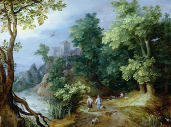 Landschaft mit Jägern und Hunden