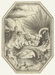 Landschaft mit Steinbrücke im achteckigen Rahmen