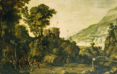Eine bergige Flusslandschaft mit einer Szene aus dem Leben von Wilhelm Tell