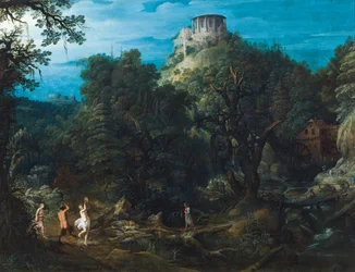Dicht bewaldete Landschaft mit dem Tempel der Vesta in Tivoli und einem Satyr und Nymphen, die in einem Tal tanzen