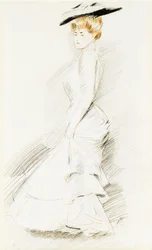 Eine elegante Dame in einem weißen Kleid