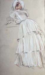Frau steht und lehnt sich von hinten (Pastell)