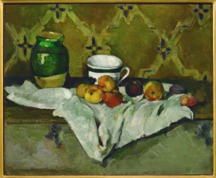 Stillleben (Töpferware, Tasse und Früchte)