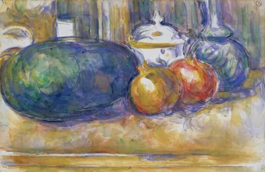 Stillleben mit einer Wassermelone und Granatäpfeln