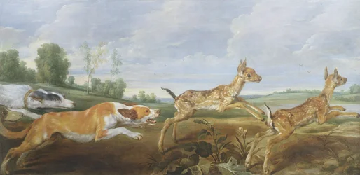 Eine Jagdszene: Hunde jagen zwei Faune