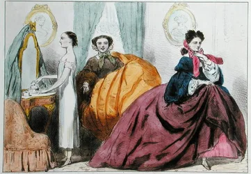 Karikatur, die die Mode des Reifrocks satirisch darstellt, um 1860