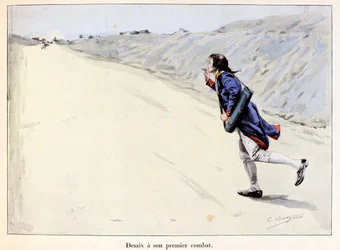 Desaix hat seinen ersten Kampf: Charles Antoine Desaix de Veygoux (1768-1800) nimmt einen Gefangenen in Landau in der Pfalz (Deutschland) gefangen, während die Armee sich zurückzieht - Illustration von Emile Boutigny (1853-1929) in „Hoche-Marceau-Desaix“ v