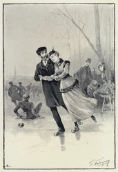Illustration zu Anna Karenina: Levin und Kitty auf dem Eis (Lithografie)