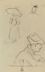 Eine Person mit einem Regenschirm und ein sitzender Mann mit Hut und Glas [verso]