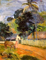 Pferd auf der Straße, tahitianische Landschaft, 1899