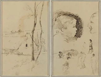 Landschaft mit einem Häuschen; Profil eines Jungen, Profil eines Mannes, zwei Frauen in einer Landschaft und fünf weitere Studien [verso]