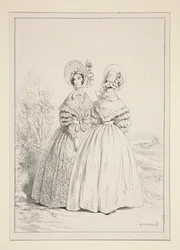 MAI 1837. Haube mit Zugband und Veilchenstrauß; ...