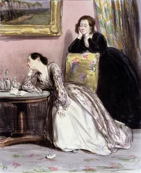 Zwei Frauen im Gespräch über Liebhaber, „Fourreries de femmes“, Gavarni, ca. 1840