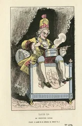 Illustration von Hadol (1835-1875) in Histoire de France tintamarresque, ca. 1880 - Ancien Régime - Du Barry Jeanne, Louis XV