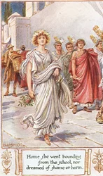 Heim ging sie, hüpfend von der Schule, ohne Scham oder Schaden zu träumen, Illustration aus 