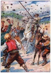 Sie bewarfen Don Quijote mit einem Steinhagel, Illustration aus 