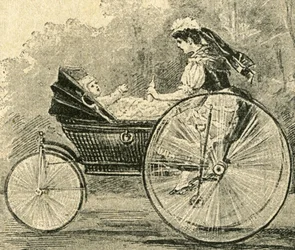 Kinder-Wärterin (Kindermädchen), Illustration von Paul Heydel, ein Kinderwagen fährt wie ein Fahrrad, aus der Zeitschrift Über Land und Meer. Deutsche Illustrirte Zeitung