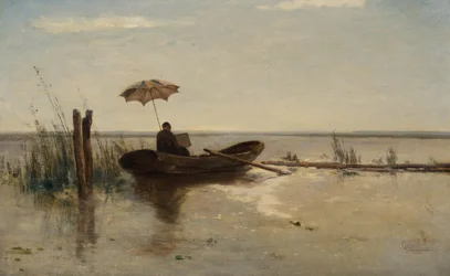 Ein Maler, möglicherweise der Künstler W.B. Tholen, bei der Arbeit in einem Kahn an einem sonnigen Tag