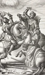 Ritterlichkeit dargestellt durch allegorische Figuren. Ritter kämpfen zu Pferd. Nach einem Kupferstich aus dem 16. Jahrhundert