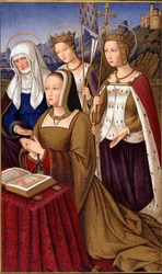 Porträt von Anne de Bretagne (1477-1514), Königin von Frankreich, im Gebet mit ihrem heiligen Schutzpatron Saint Anne, Saint Helene und Saint Ursule - in „Militär- und religiöses Leben im Mittelalter und in der Renaissance“ von Paul Lacroix, Paris