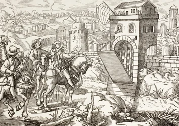 Belagerung einer Stadt. Die belagernde Armee liest die Bedingungen für die Kapitulation der Stadt und die Öffnung der Tore vor