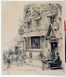 Ansicht des Eingangs zum Cabaret du Chat Noir. Tintenzeichnung von Paul Merwart (1855-1902) 19. Jahrhundert Paris, Musée Carnavalet