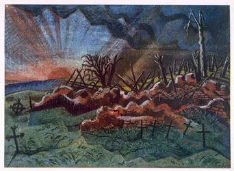 Sonnenaufgang, Ruinen eines Hospizes, nordwestlich von Wytschaete, zerstört durch Bombardierung 1917, aus 