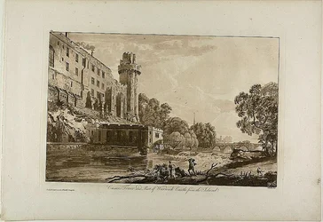 Cäsars Turm und Teil von Warwick Castle von der Insel, Platte drei aus Ansichten von Warwick Castle