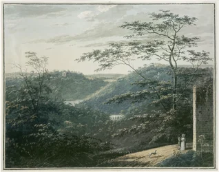 Landschaft mit Wasserfall und Tempel