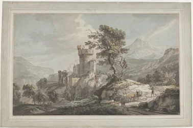 Berglandschaft mit Ruine, einem hohen Baum und Hirte mit Vieh