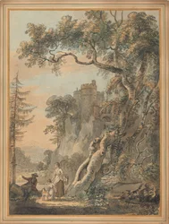 Romantische Landschaft - Bauern am Fuße einer Burg auf einem Felsen